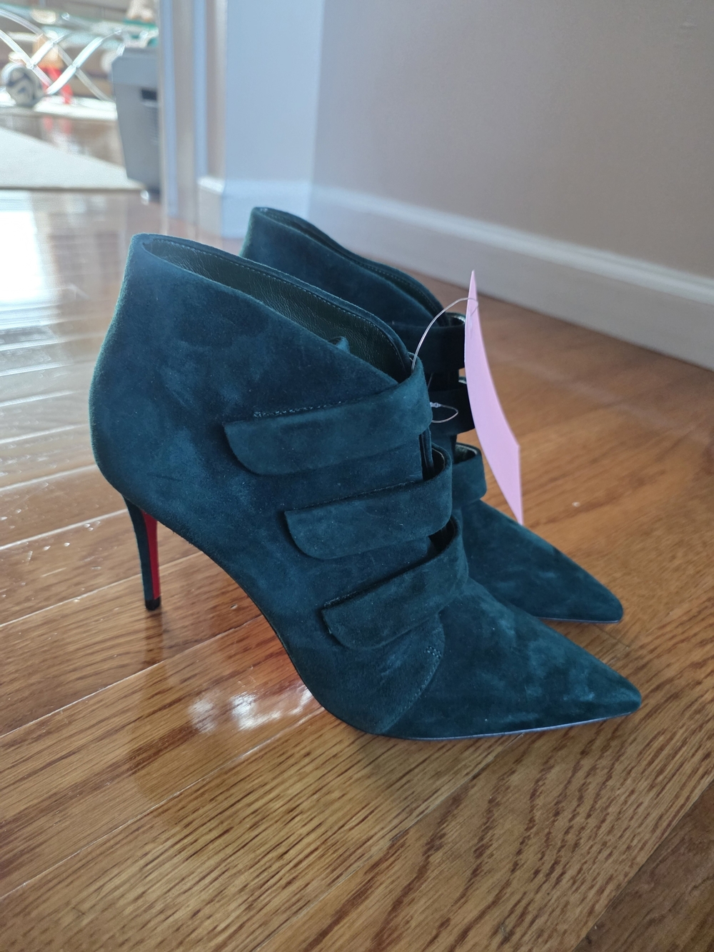 Christian Louboutin Teal Suede Pointed Velvet Strap Stiletto Booties